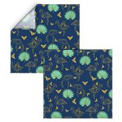 Gold Origami Flamingos & Palms & butterflies (navy)