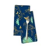 Gold Origami Flamingos & Palms & butterflies (navy)