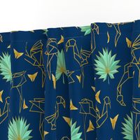 Gold Origami Flamingos & Palms & butterflies (navy)