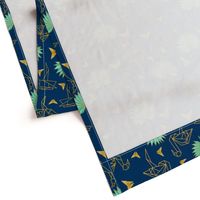 Gold Origami Flamingos & Palms & butterflies (navy)