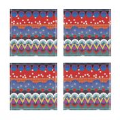 Japanese tribal Kabuki pattern. Zig zag triangles circles cherry blossom red blue gold pink white teal colors