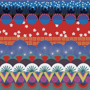 Japanese tribal Kabuki pattern. Zig zag triangles circles cherry blossom red blue gold pink white teal colors