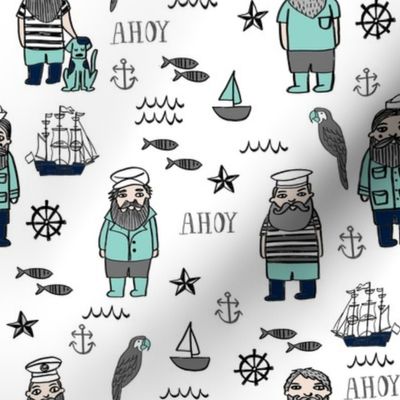 sailor // nautical sailboat ocean sailors captain kids room fun fabric white mint