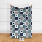 Adventure Quilt Top ROTATED - Patchwork Cheater Quilt in Navy Mint & Grey Design, Ginger Lous