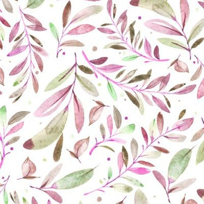 Watercolor Leaves & Branches in Greens, Purples and Pinks, SCALE C