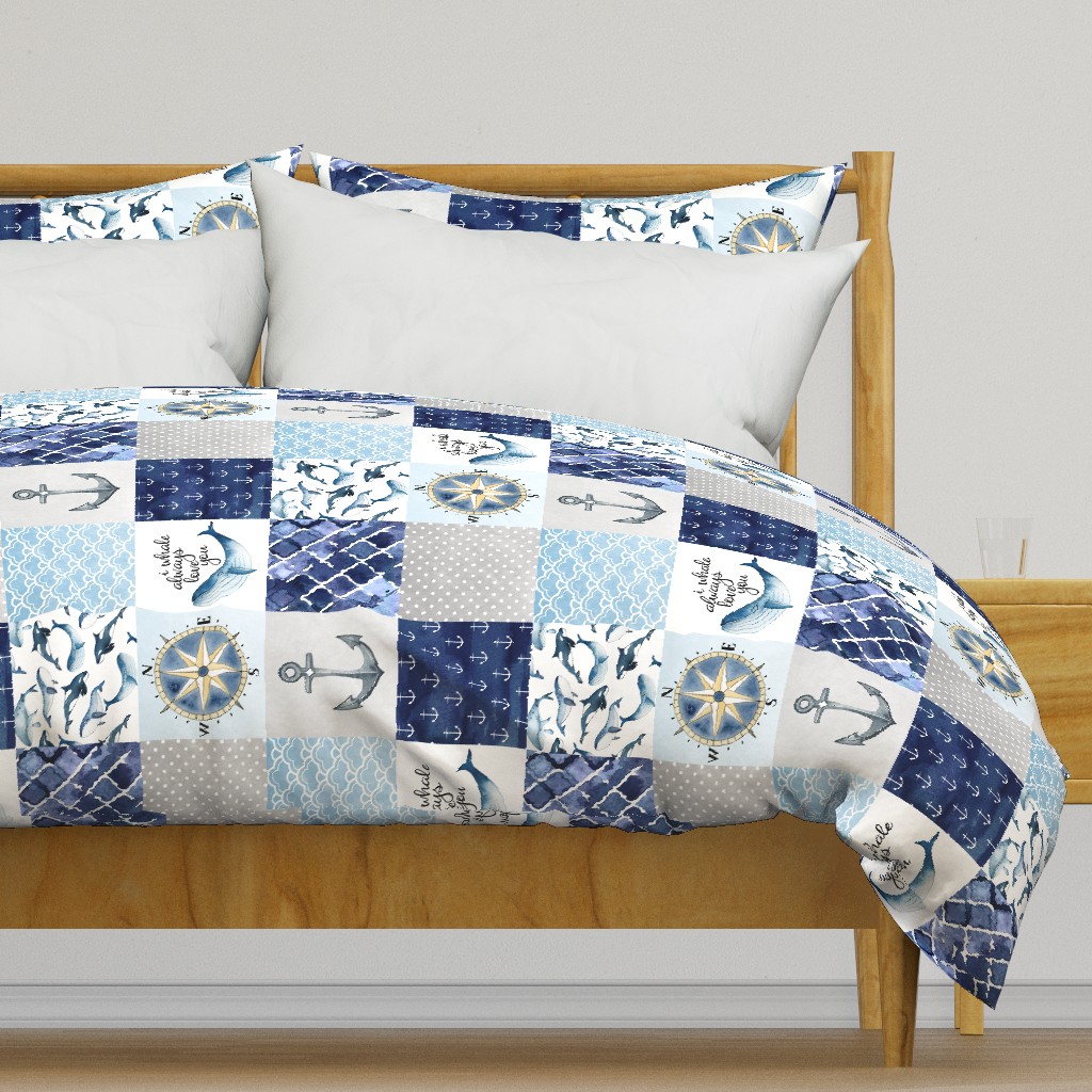 Nautical // I Whale always love you - wholecloth Cheater Quilt - Rotated
