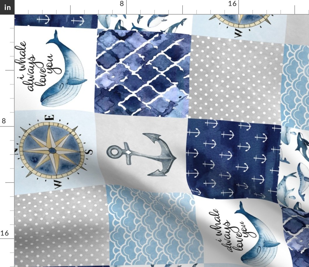 Nautical // I Whale always love you - wholecloth Cheater Quilt - Rotated