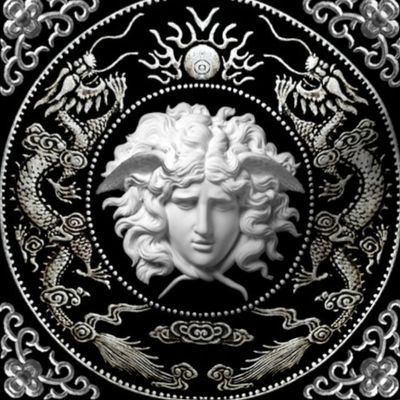 3 white silver medusa baroque rococo black gold flowers floral filigree clouds dragons sun fire flames pearl asian japanese china chinese gorgons Greek Greece mythology far east meets west fusion oriental chinoiserie   inspired