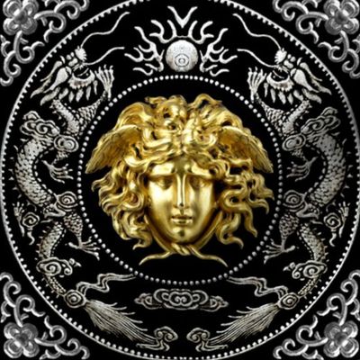 2 gold silver medusa baroque rococo black gold flowers floral filigree clouds dragons sun fire flames pearl asian japanese china chinese gorgons Greek Greece mythology far east meets west fusion oriental chinoiserie    inspired