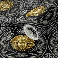 2 gold silver medusa baroque rococo black gold flowers floral filigree clouds dragons sun fire flames pearl asian japanese china chinese gorgons Greek Greece mythology far east meets west fusion oriental chinoiserie    inspired