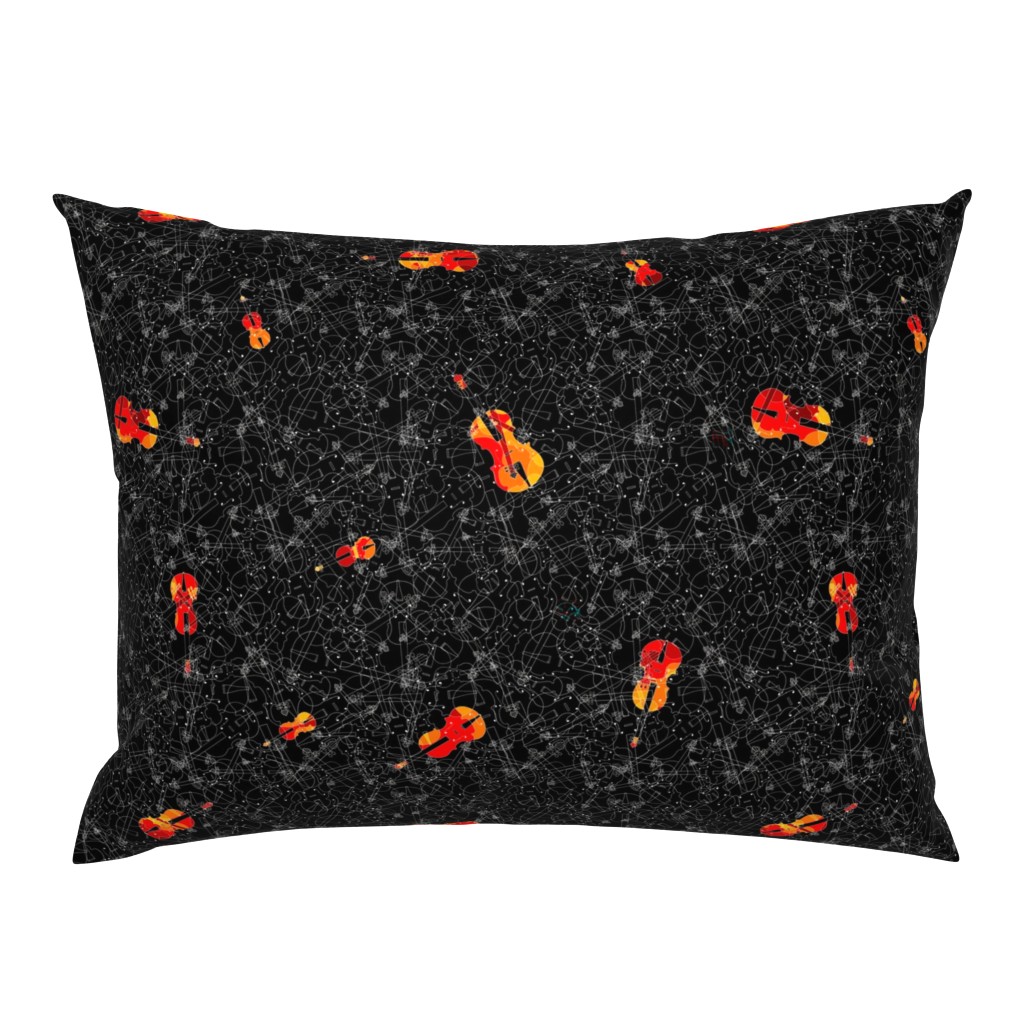 scattered red and orange violins on black