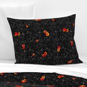 scattered red and orange violins on black