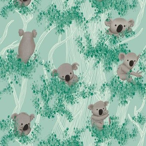 Koalas in Eucalyptus Trees on Mint background