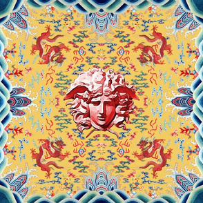 medusa baroque rococo bats clouds  dragons mythical creatures animals sun floral leaves flowers chinese japanese china sea ocean waves  water colorful flames fire infinity knot gorgons Greek Greece mythology far east meets west fusion   inspired   