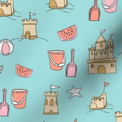 sandcastles // beach day summer fun fabric seaside sandcastle blue