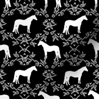 Horses floral silhouette florals farm animal pet fabric black and white