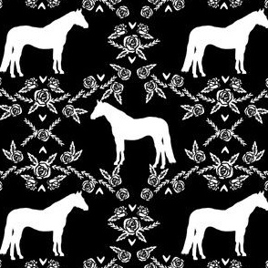 Horses floral silhouette florals farm animal pet fabric black and white