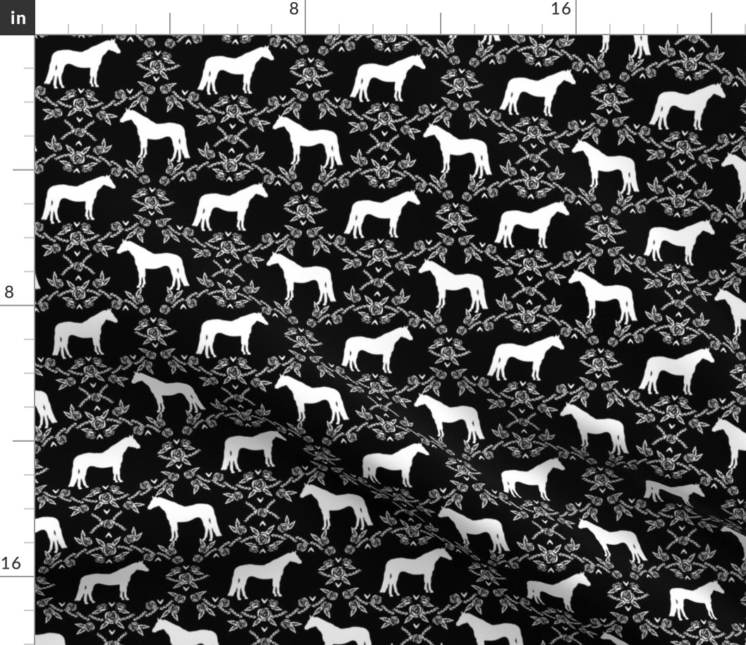 Horses floral silhouette florals farm animal pet fabric black and white