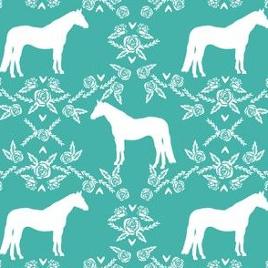 Horses floral silhouette florals farm animal pet fabric turquoise