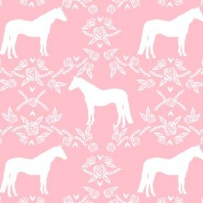 Horses floral silhouette florals farm animal pet fabric pink