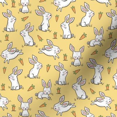 Bunnies Rabbits & Carrots On Yellow Smaller 1,5 inch