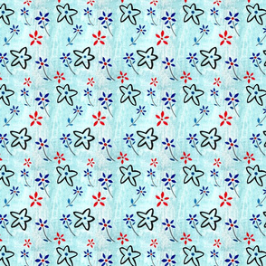 flowers on blue wax background 200 dpi repeat unit spoonflower