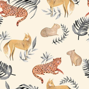 Tropical Jungle Fabric/ Cream and black anial fabric/ Leopard Jaguar Capybara Wolf Fox / Cream and black/ Tropical Jungle/ Exotic animals 