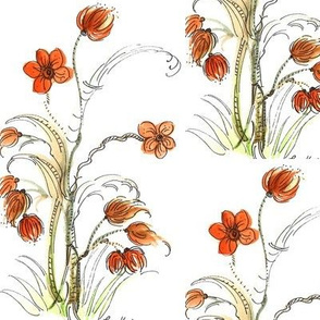 watercolor whimsey flower with red orange flowers