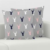 Deer- pink, navy, white on grey