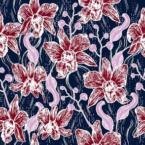 Beautiful Hand drawn Orchid and Navy 