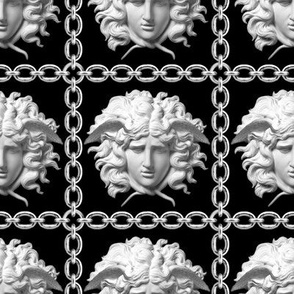 2 interlinked criss cross interconnected connected chains gold medusa baroque rococo black silver white square links gorgons Greek Greece mythology   inspired     