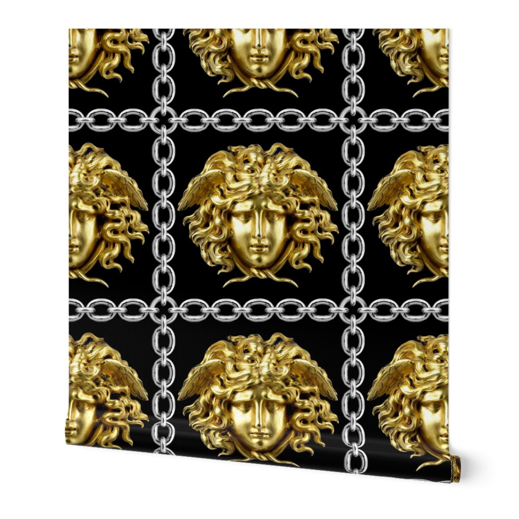 4 interlinked criss cross interconnected connected chains gold medusa baroque rococo black gold silver square links gorgons Greek Greece mythology   inspired      