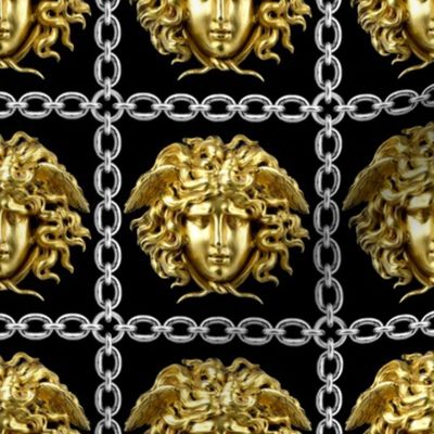4 interlinked criss cross interconnected connected chains gold medusa baroque rococo black gold silver square links gorgons Greek Greece mythology   inspired      