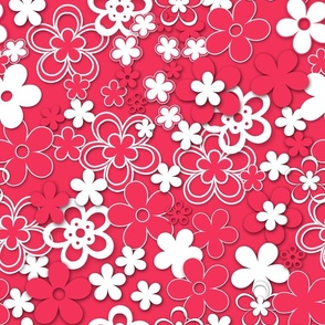 Red and white flowers cut from paper on a red background