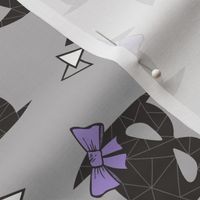 Girly Geometric Bat Mask with Purple Lilac Bow on Grey Rotated