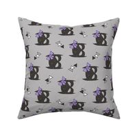 Girly Geometric Bat Mask with Purple Lilac Bow on Grey Rotated