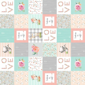 3" BLOCKS- Woodland Animals Baby Girl Quilt Top (rotated) - Deer Fox Raccoon Woodland Patchwork Wholecloth Baby Blanket Gray Mint Peach