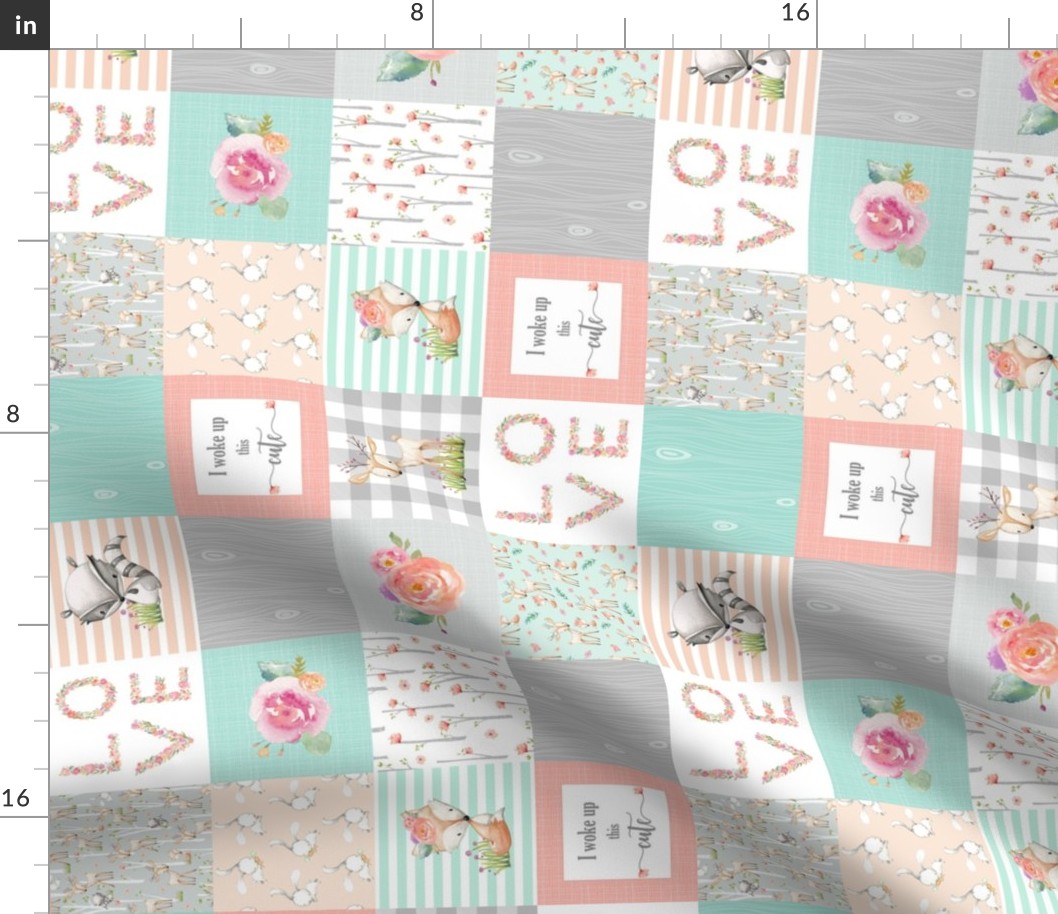 3" BLOCKS- Woodland Animals Baby Girl Quilt Top (rotated) - Deer Fox Raccoon Woodland Patchwork Wholecloth Baby Blanket Gray Mint Peach