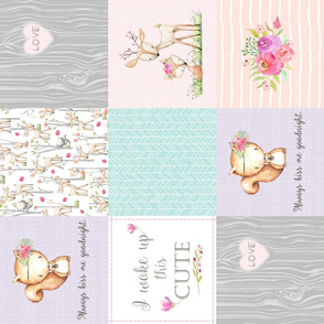 Baby Girl Woodland Patchwork Quilt Top (ROTATED) - Nursery Bedding Blanket Pink Mint Peach Lavender GingerLous