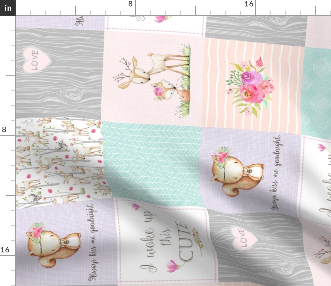 Baby Girl Woodland Patchwork Quilt Top (ROTATED) - Nursery Bedding Blanket Pink Mint Peach Lavender GingerLous