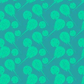 small horseshoe crabs and sand dollars teal on blue