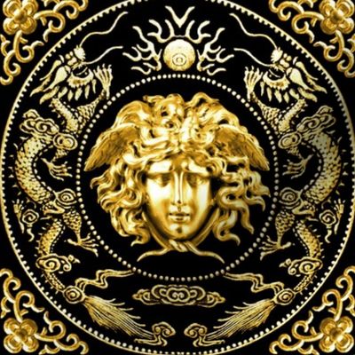 1 gold medusa baroque rococo black gold flowers floral filigree clouds dragons sun fire flames pearl asian japanese china chinese gorgons Greek Greece mythology far east meets west fusion oriental chinoiserie   inspired 
