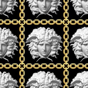 3 interlinked criss cross interconnected connected chains gold medusa baroque rococo black gold white square links gorgons Greek Greece mythology   inspired     