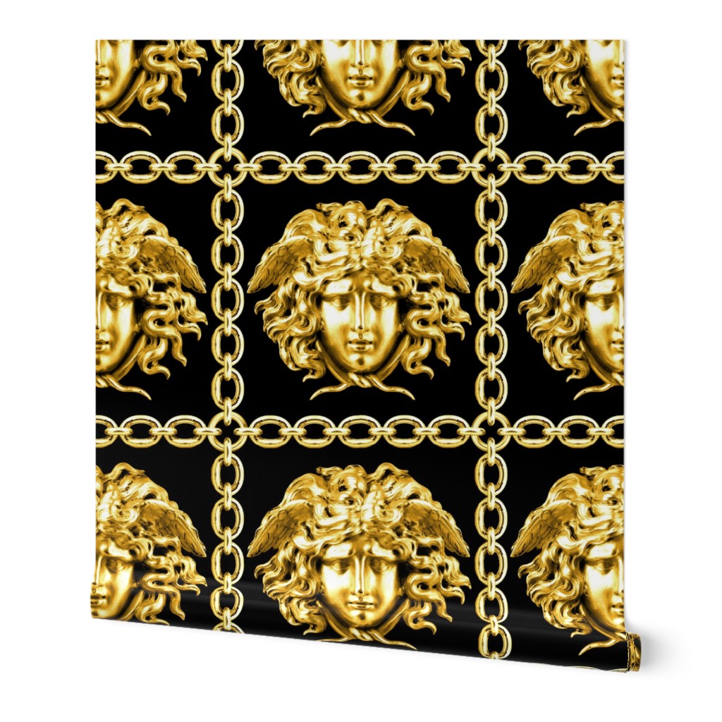 1 interlinked criss cross interconnected connected chains gold medusa  baroque rococo black gold square links gorgons Greek Greece mythology   inspired 