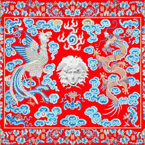 medusa baroque rococo bats clouds phoenix dragons mythical creatures animals  sun floral leaves flowers chinese japanese china xi kanji wedding double happy happiness flames fire infinity knot gorgons Greek Greece mythology far east meets west fusion orie