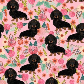 doxie floral black and tan longhair dog breed dachshunds fabric pink