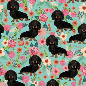 doxie floral black and tan longhair dog breed dachshunds fabric mint