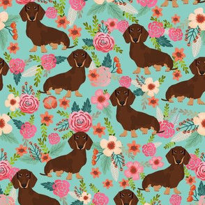 doxie floral chocolate and tan coat florals dachshunds fabric mint