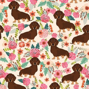doxie floral chocolate and tan coat florals dachshunds fabric cream