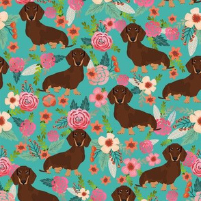 doxie floral chocolate and tan coat florals dachshunds fabric turquoise